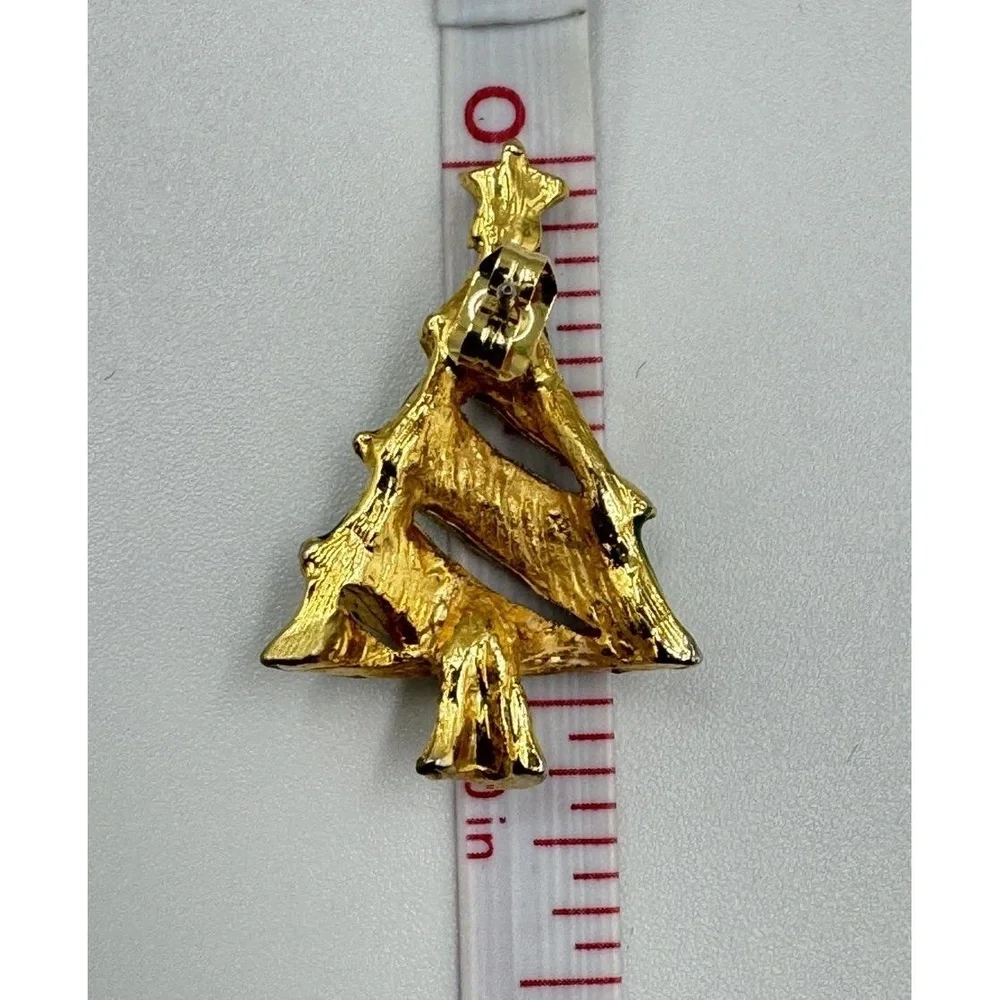 Vintage Gold Tone Green Christmas Tree Post Earrings Red Clear Rhinestones - Picture 5 of 7